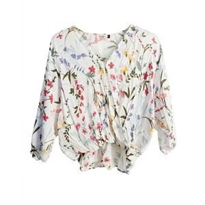 Cielo Floral Surplice Blouse Women Medium White Wrap Dolman Sleeve Top